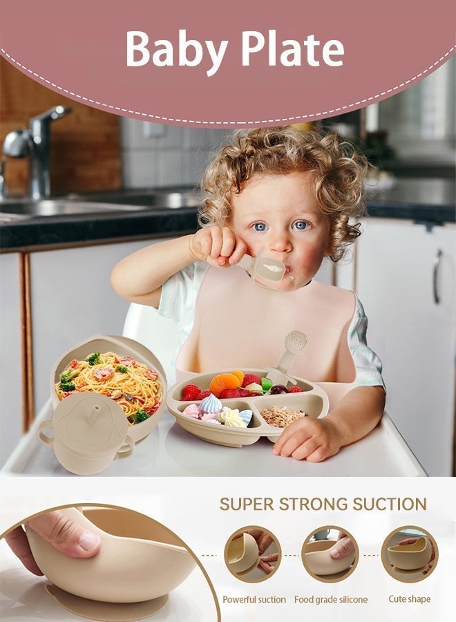 Silicone Baby Feeding Set [13 Pieces] with Suction Bowl and Divided Plate, Baby Spoon and Fork, Training Cup with Straw and Lid, Two Different Styles of Bibs, Finger Toothbrush, Fruit Puree Teether [Beige] Silicone Tableware Set - Image 4